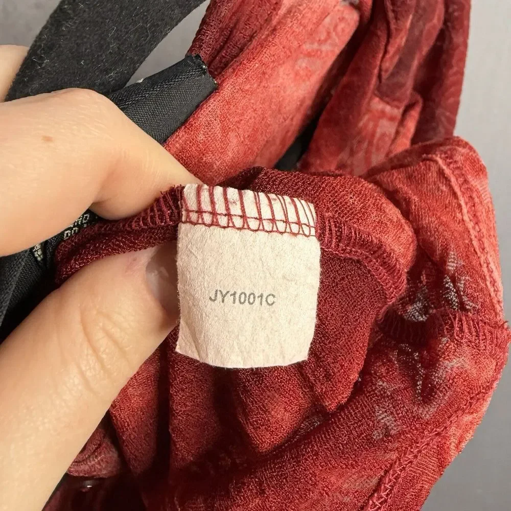 Woven Red Ruched Button-Front Women's Top - Picture 8 of 9